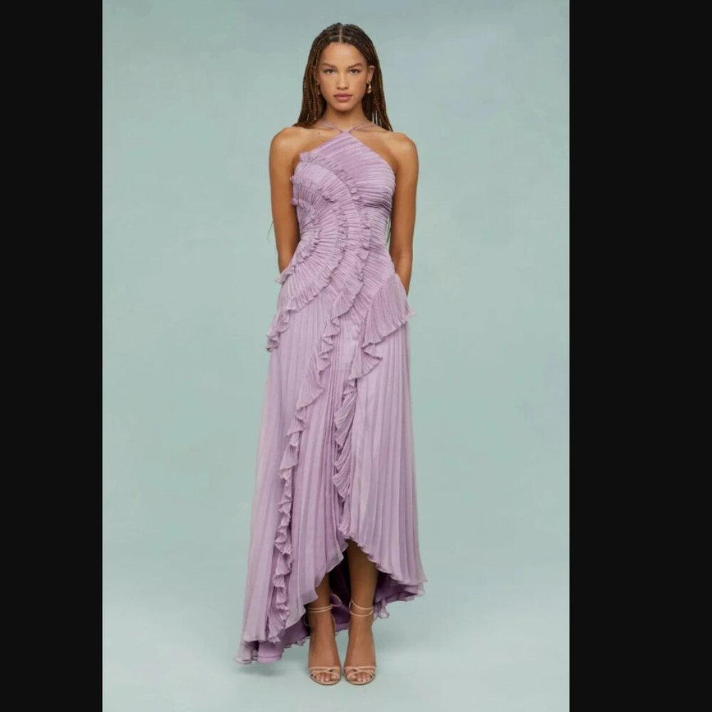 Lilac Pleated Frill Halter Neck Maxi Dress